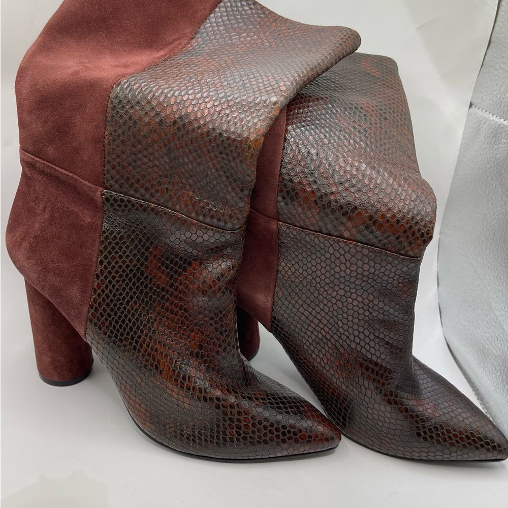 42 GOLD Brown Snake-Print Suede Block Heel Boots